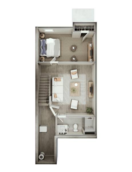 A floor plan of a small apartment with a kitchen, living room, and bathroom.