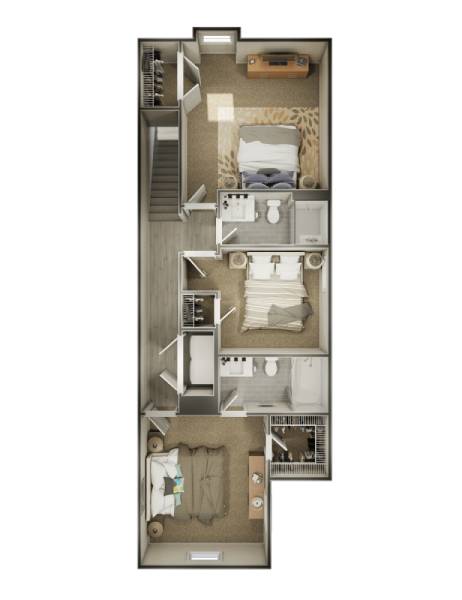 A floor plan of a small apartment with a kitchen, living room, and two bedrooms.