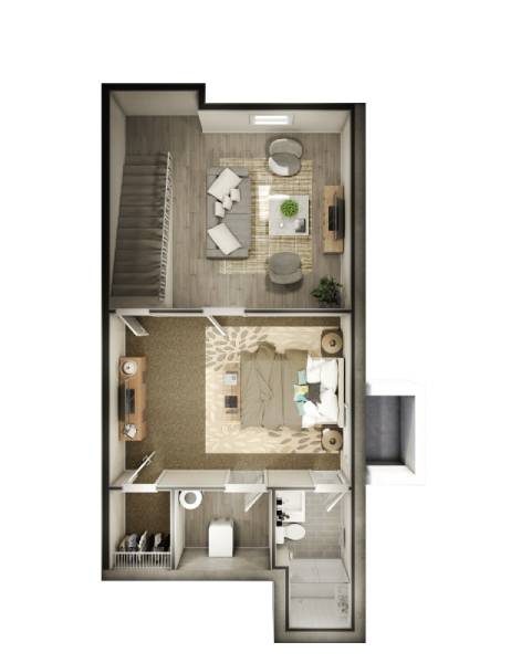 A top-down view of a small apartment with a kitchen, living room, and bathroom.