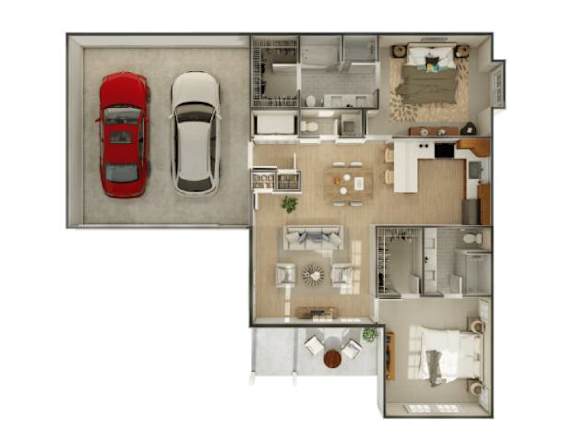 A floor plan of a house with a red car parked outside.