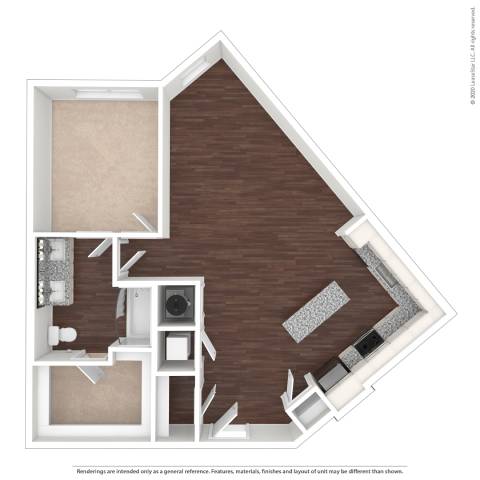 A drawing of a house with a kitchen and living room.