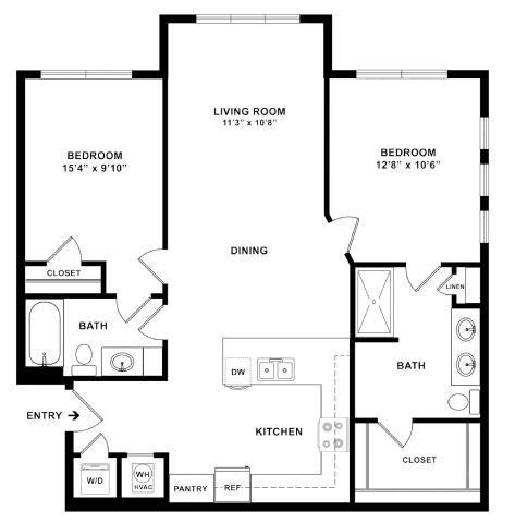 A black and white floor plan of a two bedroom apartment.
