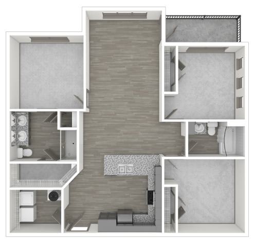 A floor plan of a house with a kitchen, living room, and bathroom.