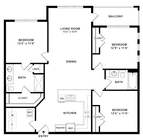 A black and white floor plan of a house with a balcony, living room, dining room, kitchen, pantry, two bedrooms, two bathrooms, and a closet.