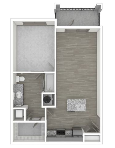 A drawing of a room with a bed, a desk, and a chair.