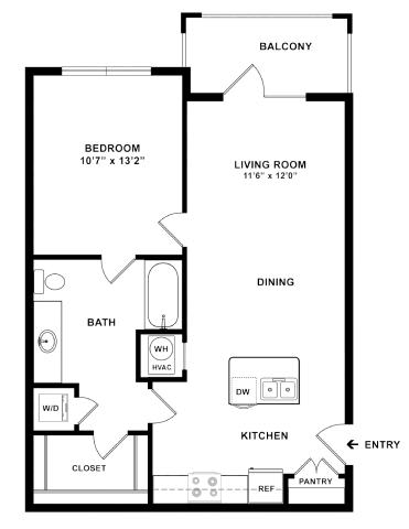 A floor plan of a home with a bedroom, living room, dining area, kitchen, pantry, bathroom, and closet.