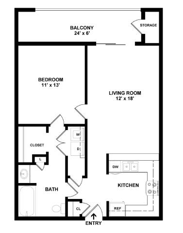 A black and white image of a floor plan for a home with a balcony, bedroom, living room, closet, bath, kitchen, and an entry.