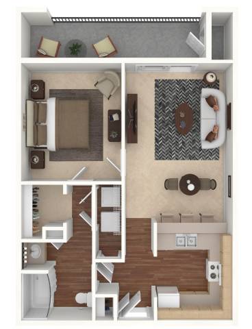 A floor plan of a small apartment with a bedroom, living room, and kitchen.