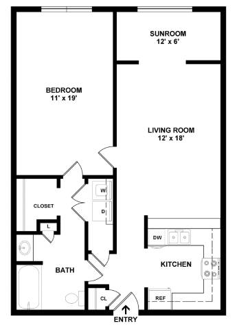 A black and white image of a floor plan for a home with a sunroom, bedroom, living room, closet, bathroom, kitchen, and entry.