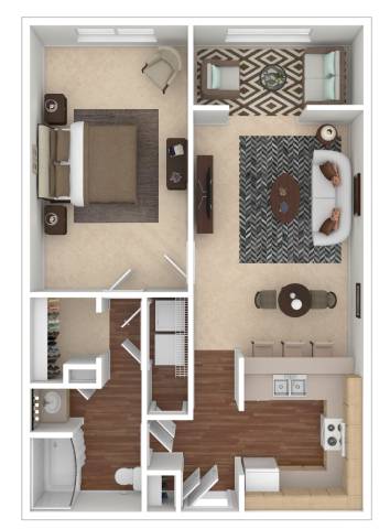 A floor plan of a small apartment with a kitchen, living room, and bathroom.