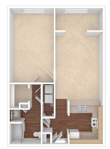A 3D floor plan of a small apartment with a kitchen, living room, and bathroom.