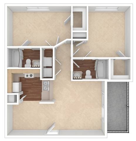 A 3D floor plan of a small apartment with a kitchen, living room, and bathroom.
