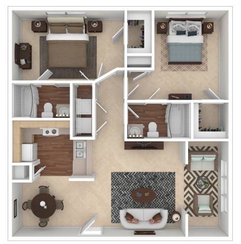 A 3D floor plan of a small apartment with a kitchen, living room, and bedroom.