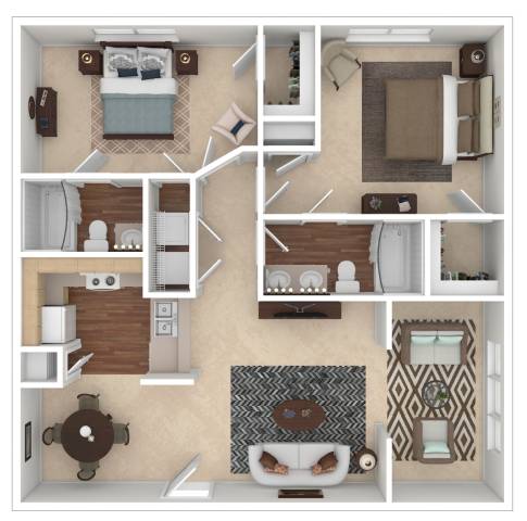 A 3D floor plan of a small apartment with a kitchen, living room, and bathroom.