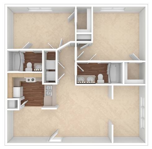 A 3D rendered image of a small apartment layout.
