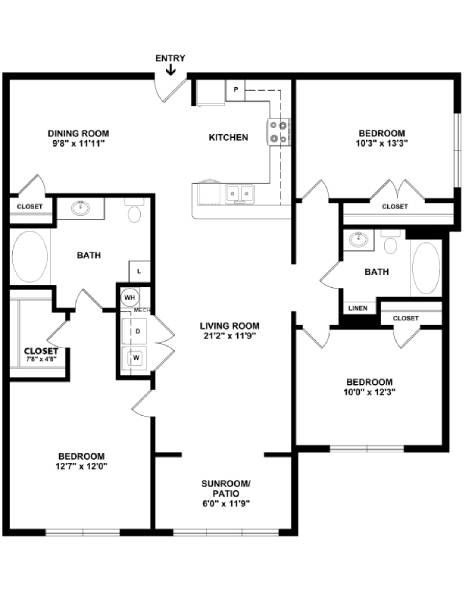 A black and white image of a house floor plan with an entry, two bedrooms, a living room, a dining room, a kitchen, and two bathrooms.