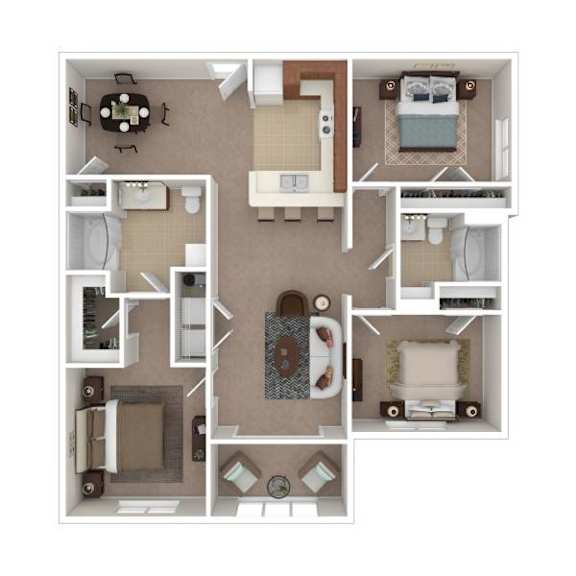A floor plan of a small apartment with a kitchen, living room, and two bedrooms.