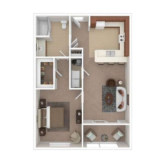 A floor plan of a small apartment with a kitchen, living room, and bathroom.