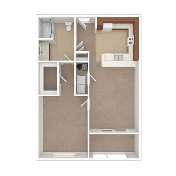 A floor plan of a small apartment with a kitchen, living room, and bathroom.
