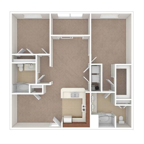 A 3D rendered image of a small apartment layout.
