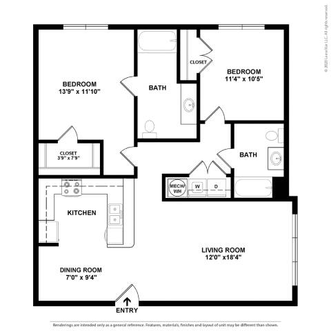 A black and white image of a floor plan for a house with a living room, kitchen, dining room, and two bedrooms.