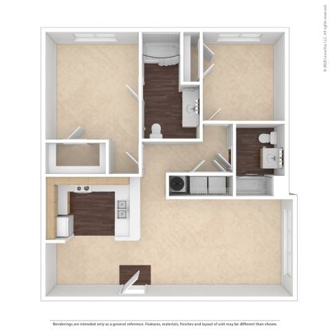 A floor plan of a house with a kitchen, living room, and two bedrooms.
