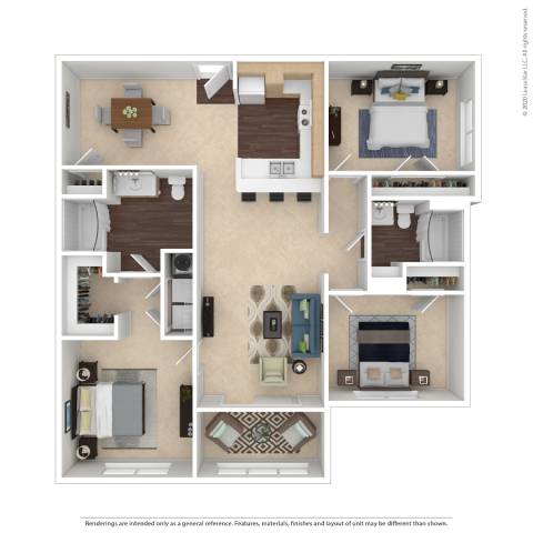 A detailed 3D floor plan of a house layout.