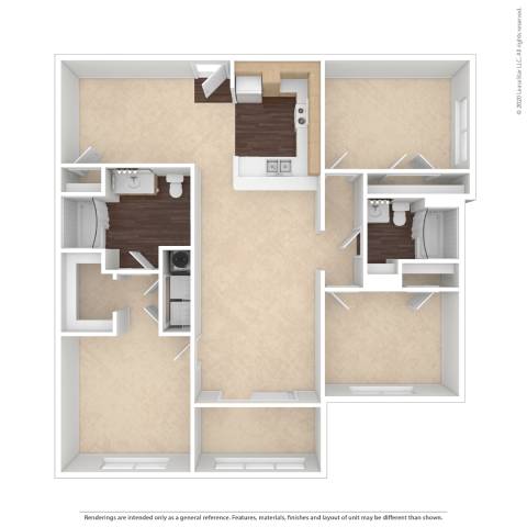 A floor plan of a house with two bedrooms, a living room, a kitchen, and a bathroom.