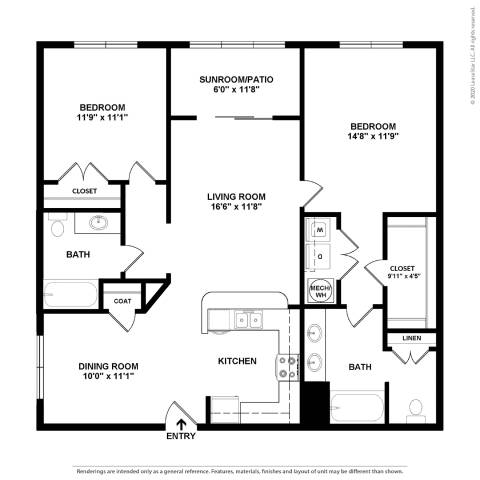 A black and white image of a floor plan for a home with a living room, kitchen, dining room, and two bedrooms.