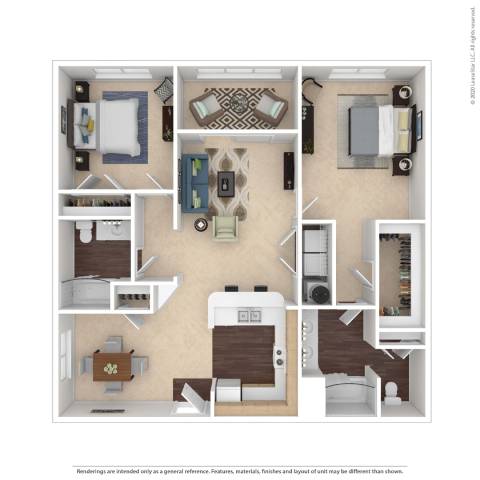 A floor plan of a house with a kitchen, living room, and two bedrooms.