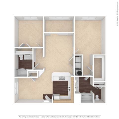 A diagram of a house layout with a kitchen, living room, and two bedrooms.