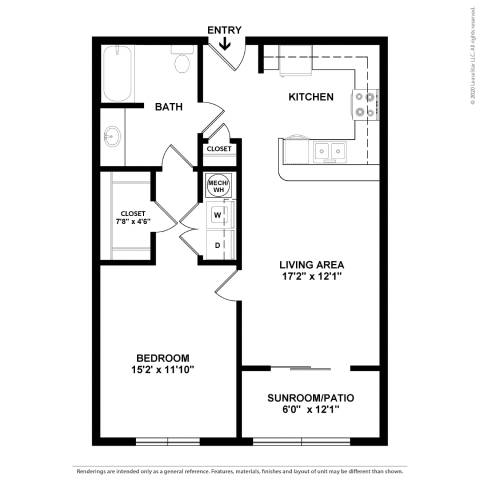 A black and white floor plan of a small apartment with a bedroom, bathroom, kitchen, living area, and sunroom/patio.