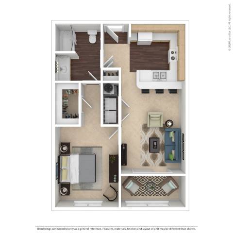 A floor plan of a small apartment with a kitchen, living room, and bathroom.