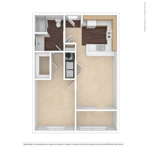 A floor plan of a small apartment with a kitchen, living room, and bathroom.