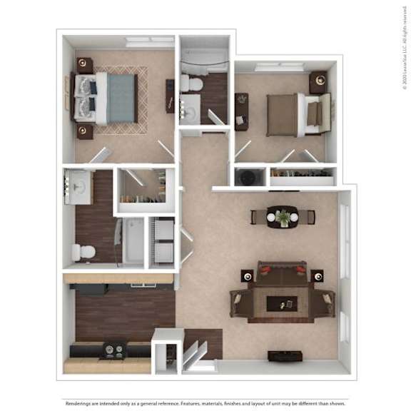 A floor plan of a house with a living room, two bedrooms, a bathroom, and a kitchen.