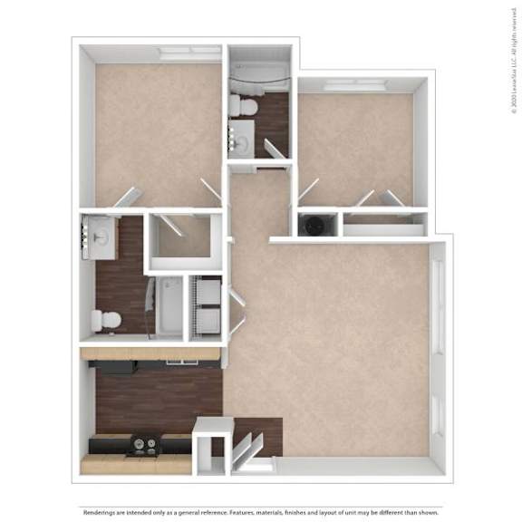 A 3D floor plan of a small apartment with a kitchen, living room, and bathroom.
