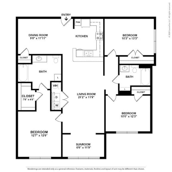 A black and white image of a floor plan for a home with a sunroom and three bedrooms.