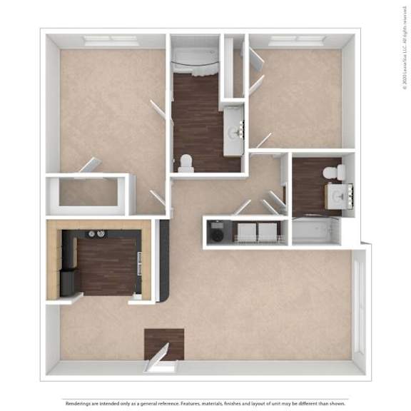 A floor plan of a house with a kitchen, living room, and two bedrooms.