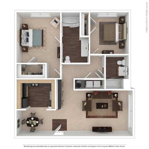A floor plan of a house with a kitchen, living room, dining room, and two bedrooms.