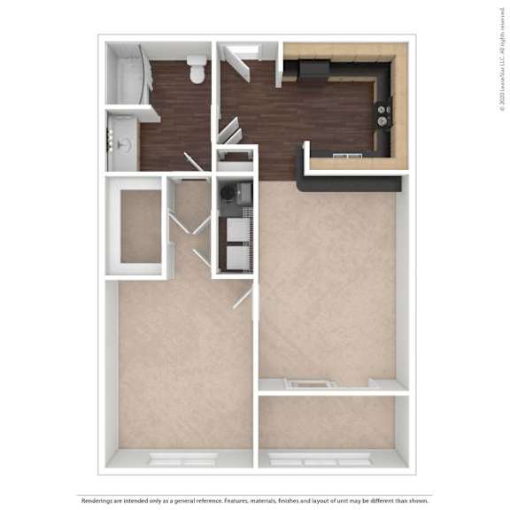 A floor plan of a room with a kitchen, bathroom, and living room.