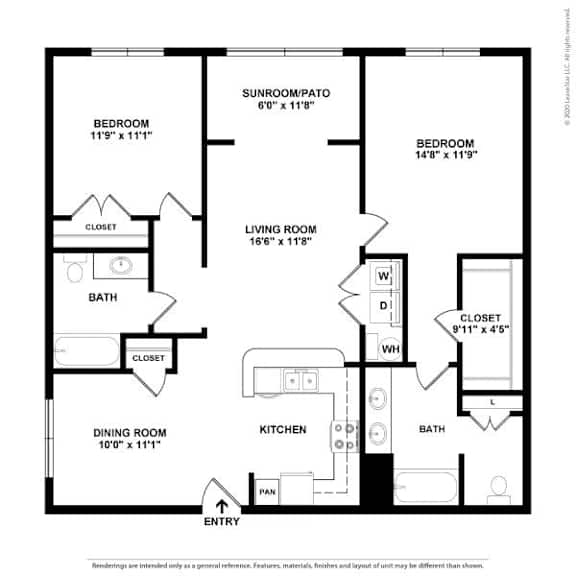 A black and white image of a floor plan for a home with a living room, dining room, kitchen, two bedrooms, two bathrooms, and a sunroom/patio.