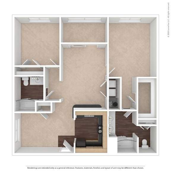 A 3D in-home layout with a kitchen, living room, and bedroom.