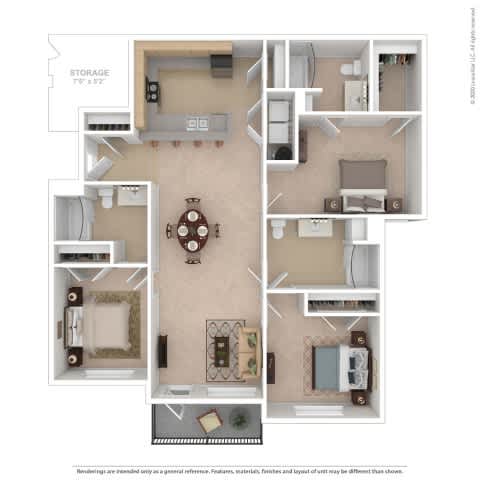 A floor plan of a house with a living room, kitchen, dining room, and bedrooms.