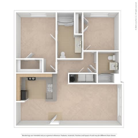 A drawing of a house layout with a kitchen, living room, and bathroom.