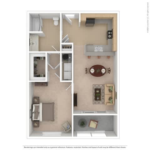 A floor plan of a house with a kitchen, living room, and two bedrooms.