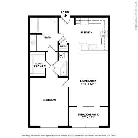 A floor plan of a small apartment with a living area, bedroom, bathroom, kitchen, and sunroom/patio.