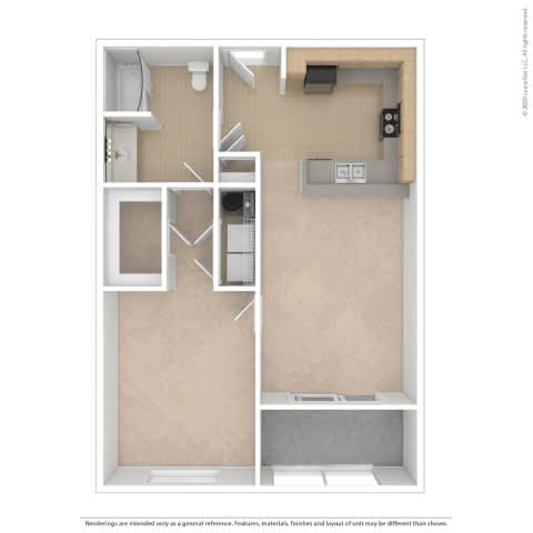 A floor plan of a small apartment with a kitchen, living room, and bathroom.