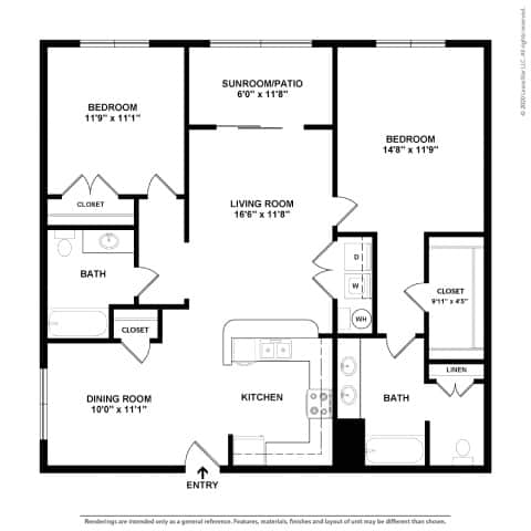 A black and white image of a floor plan for a home with a living room, dining room, kitchen, two bathrooms, and two closets.