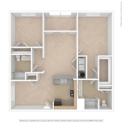 A diagram of a house layout with a kitchen, living room, and bathroom.