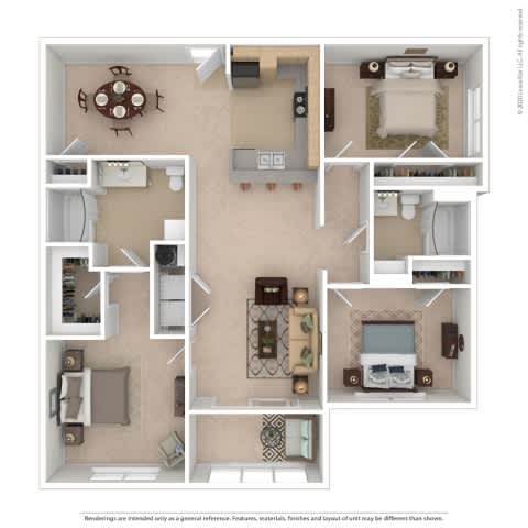 A floor plan of a house with a kitchen, living room, dining room, and two bedrooms.